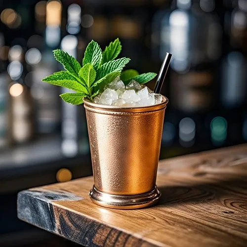 经典薄荷茱丽普鸡尾酒(Mint Julep)，装在铜杯中，主要成分为波本威士忌、新鲜薄荷和碎冰。